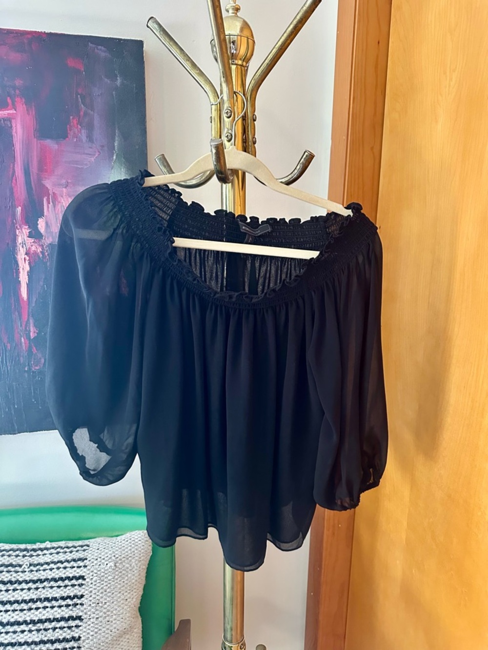 BCBGMaxAzria Black Off-Shoulder Peasant Blouse